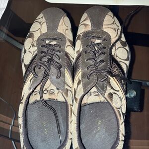 Women’s Coach Tan and Brown Monogram Lace-Up Sneakers